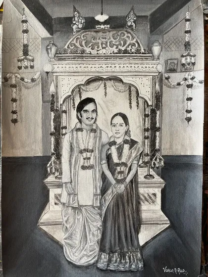 This painting holds a special story. The couple didn't have a wedding photo, so their family asked me to create one for them. Using old family photos for reference, I painted this acrylic portrait on canvas, imagining them in traditional wedding attire. It was a challenging and deeply rewarding project to bring a cherished memory to life.
