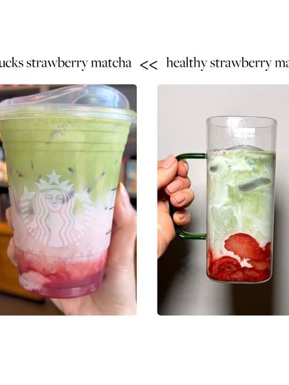 A great healthy swap: instead of a sugary Starbucks strawberry matcha, make your own at home with real strawberries and quality matcha for a lower-sugar, more natural version.