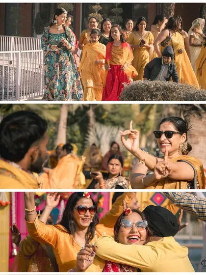This collage captures the pure 'masti' of a Haldi ceremony, from the bride's entrance with her squad to friends and family dancing and celebrating.