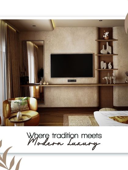 A view of the TV unit in the Phoenix One bedroom, which features a floating shelf and asymmetrical niches for decor.