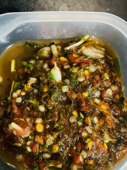 This is the spicy and tangy fish chutney that I served with the meal. It's made with pounded fish, chillies, and local herbs.