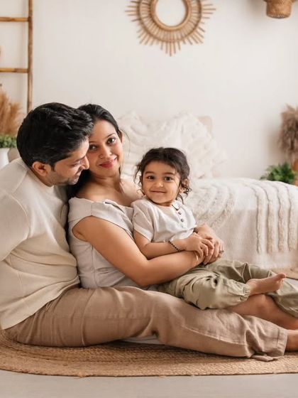 A relaxed, floor-seated portrait of the family cuddling together on a jute rug, adding to the session's earthy feel.