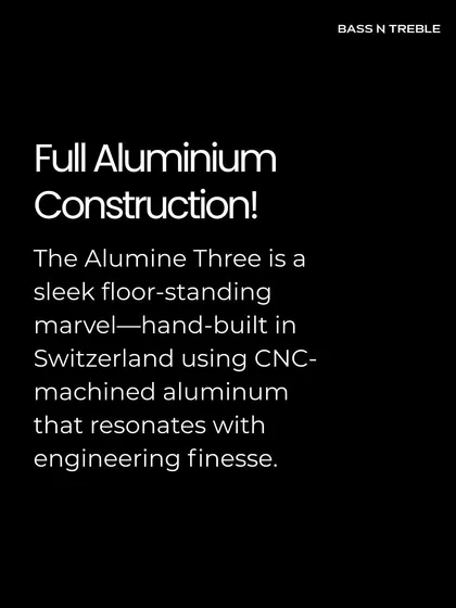 A text slide explaining the full aluminum construction of the Stenheim Alumine Three speaker. It's hand-built in Switzerland using CNC-machined aluminum for incredible rigidity and engineering finesse.