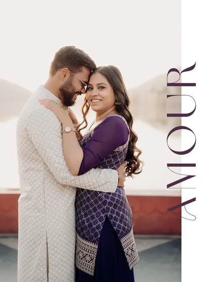 A beautifully styled portrait with the word "Amour," reflecting the romantic and artistic essence of our pre-wedding photography.
