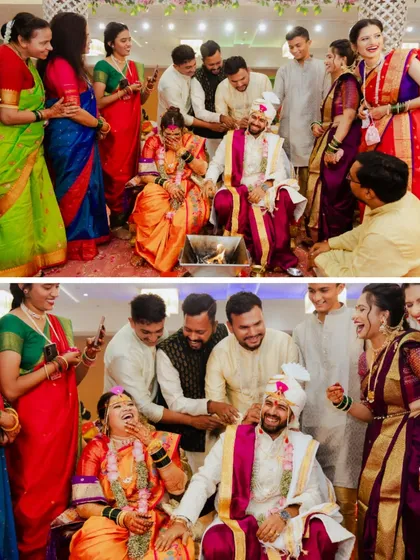 The fun and games of a Marathi wedding. Family and friends playfully tease the couple, creating memories filled with laughter and joy.
