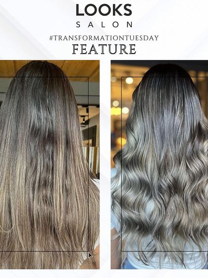 A before-and-after look at a cool-toned balayage. We lifted the hair from a brassy blonde to a sophisticated ashy blonde, creating depth and a modern, chic style.