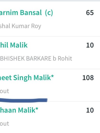 The scorecard showing Avneet Malik's incredible strike rate during his 36-ball 108.