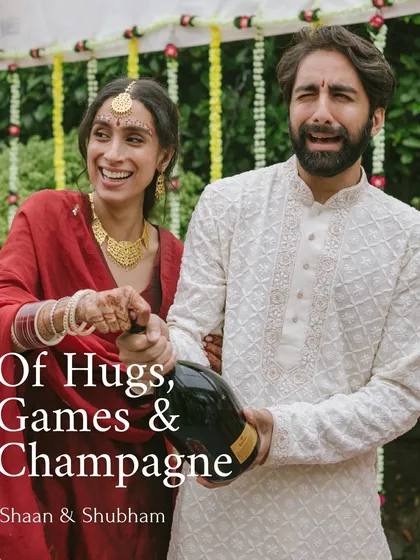 The title card for a photo story about Shaan and Shubham's homecoming, "Of Hugs, Games & Champagne." It sets the stage for a narrative of family fun and celebration.
