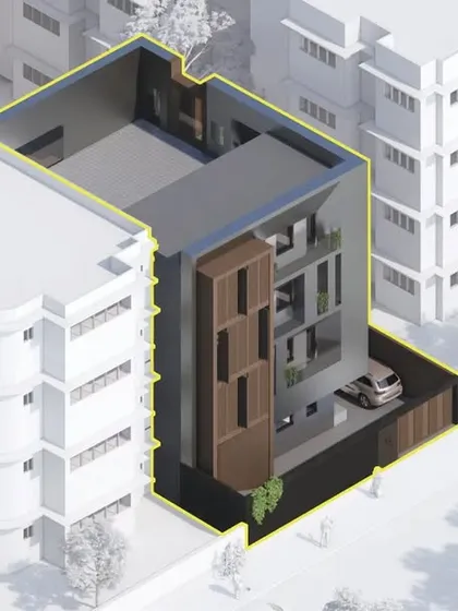 This isometric view shows the final rendered model of 'Project 42' with its material palette. It provides a clear, three-dimensional understanding of the refurbishment's scope and its impact on the original property.