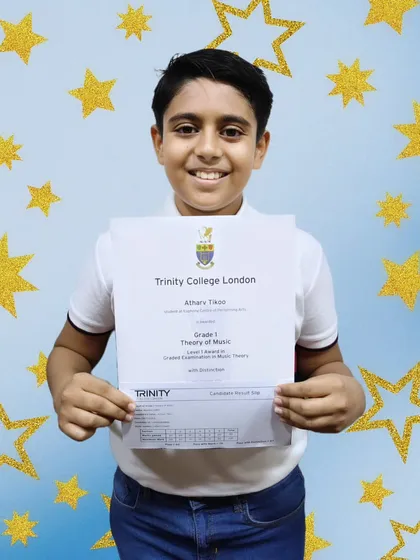 Well done, Atharv. We are so proud of his distinction in the Grade 1 'Theory of Music' exam. A strong theoretical foundation is key to becoming a great musician.