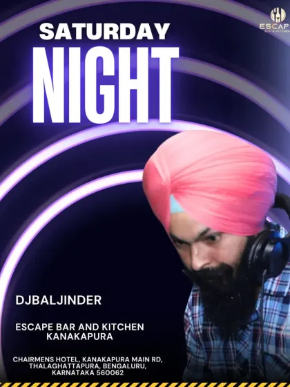 A Saturday night poster for Escape Bar featuring a close-up shot. My brand is central to my events, promising a signature Bhangra and Bollywood DJ experience.