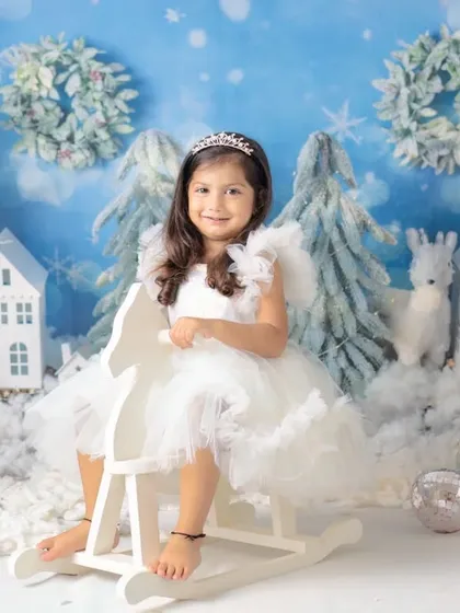 A little girl dressed as Princess Elsa in a magical winter wonderland. This theme is a favorite for Christmas and holiday mini sessions.