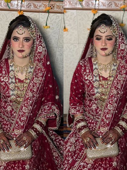 The complete seated portrait of my Nikkah bride. This image shows how the entire look comes together, from the dupatta setting to the way her makeup shines, ensuring she is picture-perfect from every angle.