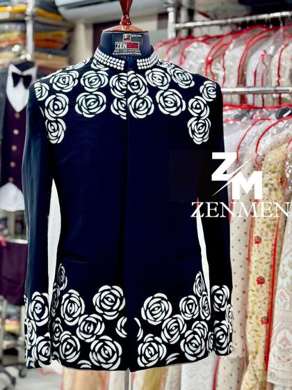 Another angle of the rose-patterned Jodhpuri, highlighting the contrast and the unique design.