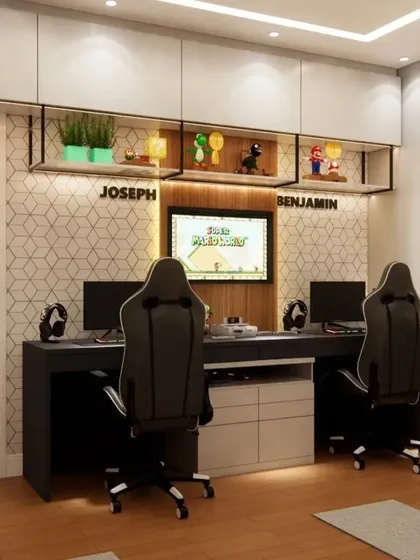 The ultimate gaming room for two brothers, featuring a personalized dual-desk setup, ergonomic gaming chairs, and Super Mario themed decor. The backlit shelf is perfect for displaying collectibles.