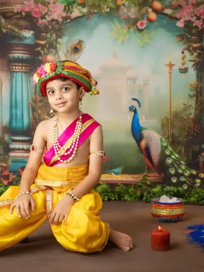 A confident pose from a young boy dressed as Krishna, sitting regally in front of the colorful rangoli and palace backdrop.