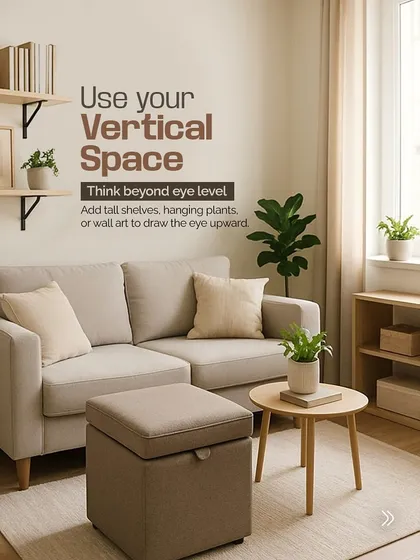 Design tip: Use your vertical space. Think beyond eye level with tall shelves, hanging plants, or wall art to draw the eye upward and make a room feel taller.