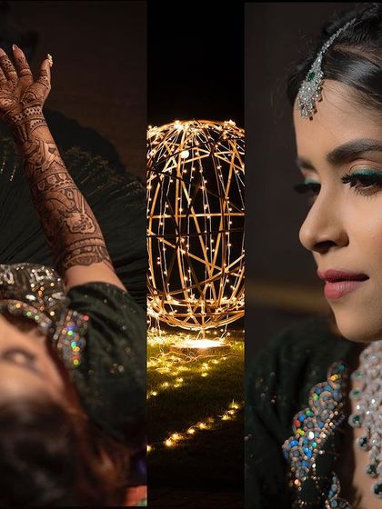An artistic collage from a Mehendi night. We capture the intricate details of the henna on the bride's hands, along with a stunning profile portrait highlighting her glamorous makeup.