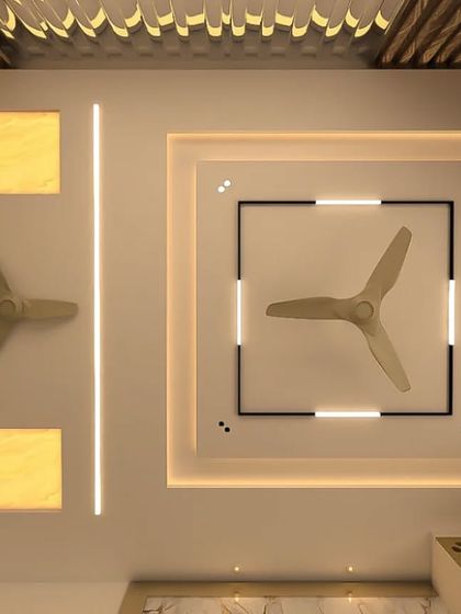 This 3D model showcases a sophisticated ceiling design for a client's living room. We use these detailed renderings to finalize complex elements like recessed onyx panels, integrated lighting, and fan placement before any physical work begins.