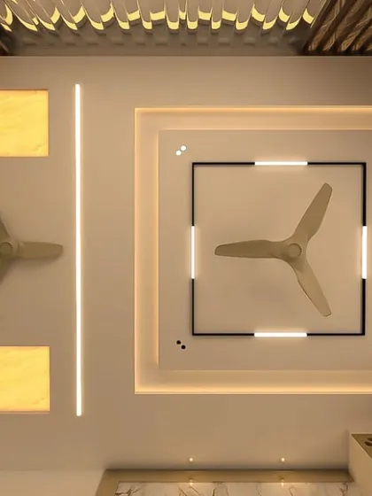 This 3D model showcases a sophisticated ceiling design for a client's living room. We use these detailed renderings to finalize complex elements like recessed onyx panels, integrated lighting, and fan placement before any physical work begins.