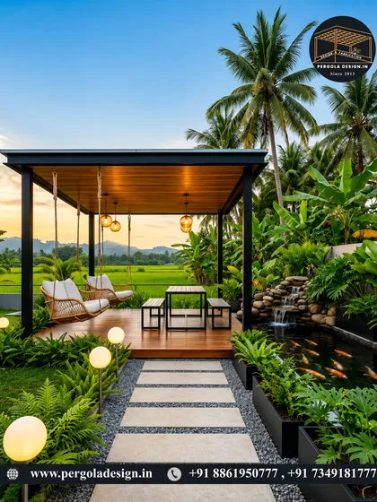 Experience a tropical getaway in your own backyard. This pergola, complete with hanging swings and a view of a koi pond, is designed for ultimate relaxation. The warm wood ceiling and surrounding greenery create a vacation-like atmosphere.