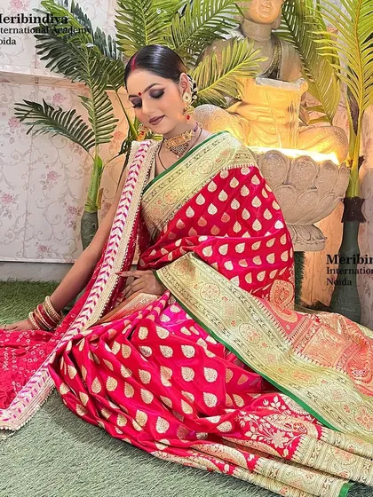 A full view of the Karwa Chauth look, featuring a stunning red Banarasi saree and traditional makeup.