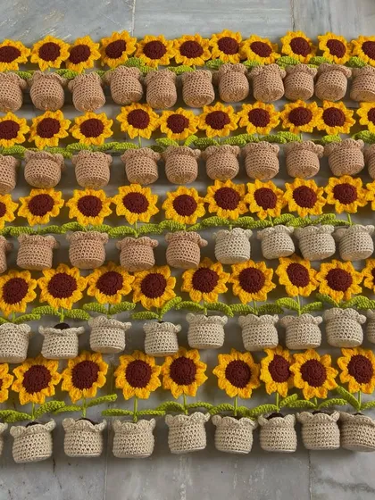 A large batch of my cheerful potted sunflowers, neatly arranged to show the scale I can produce for wholesale buyers. Each plant comes in its own handmade crochet pot.