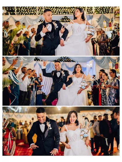 A collage of the couple's energetic reception entrance. These shots document their grand arrival and the excitement of the guests.