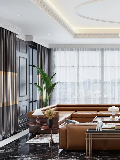 This view highlights the custom drapery with its metallic band, showing how even small details are rendered to contribute to the overall luxury of the design.
