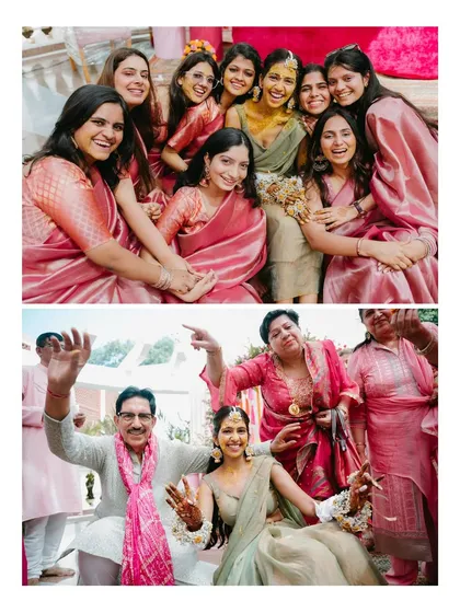 A collage of the bride celebrating her Haldi with her family and friends, capturing group hugs and playful moments.