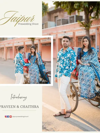 An introductory image for Praveen and Chaithra, featuring a unique shot with a cycle rickshaw on the streets of Jaipur, capturing the local flavor.