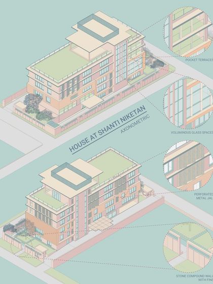 An axonometric illustration for our upcoming House at Shanti Niketan, using a light pastel color palette to visualize the architectural form, pocket terraces, and perforated metal jali.