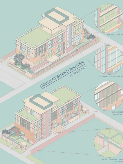 An axonometric illustration for our upcoming House at Shanti Niketan, using a light pastel color palette to visualize the architectural form, pocket terraces, and perforated metal jali.