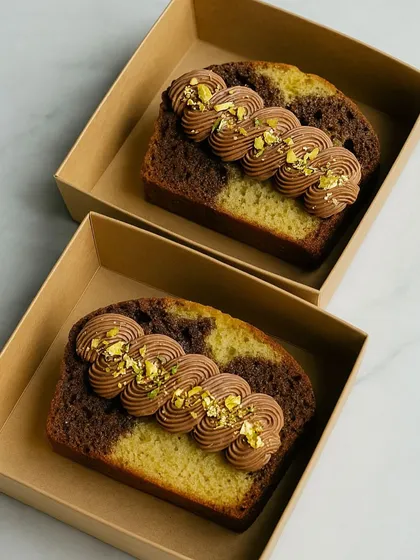 For parties and bulk orders, I offer individual cake slices. Here are two of my popular flavors: the tropical Coconut Mango and the rich Choco Pistachio marble cake slices.
