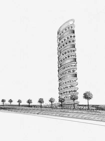 This is a conceptual sketch for the 'Bollywood Tower,' an entry for an international competition. The design imagines a vertical street that embodies the 'Navarasa' or nine emotions of Indian aesthetics, showcasing my interest in theoretical and ambitious architecture.
