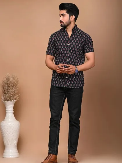 The men's shirt from the black floral couple set, a versatile piece for any wardrobe.
