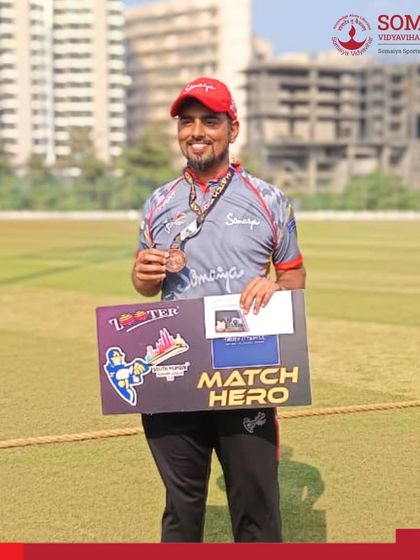 Aditya Singh holds his "Match Hero" award after his all-round performance in the South Mumbai Premier League 7.0.