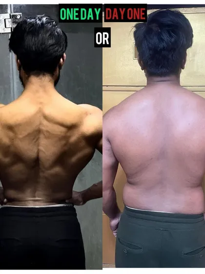 The back view of the same 8-month transformation. Notice the complete change in shape, from carrying excess fat to displaying a V-taper with clear muscle definition across the lats and lower back.