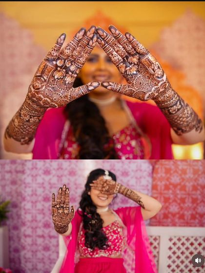 A collage of a happy bride, showing off her intricate floral and geometric mehndi.
