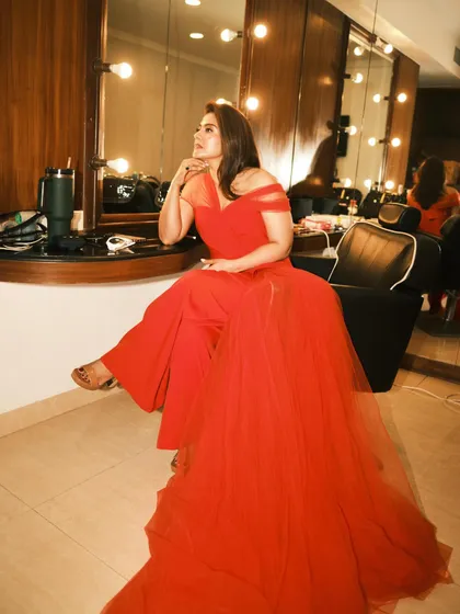 A quiet moment of contemplation in the makeup chair before hitting the red carpet.
