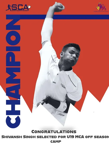 A champion in the making. This graphic celebrates Shivansh Singh's selection for the U-19 MCA off-season camp, a key step for any aspiring fast bowler.