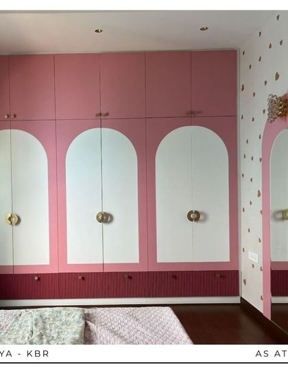 A Dreamy Pink Room Comes to Life: From a playful mood board of pinks and golds to detailed 3D renders, see how we brought this whimsical kid's bedroom to life. The final room, with its arched wardrobe details and integrated study, is a perfect match to the initial vision.
