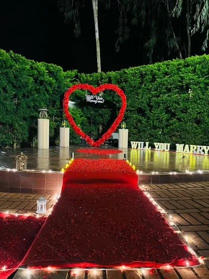 This is another style of grand proposal decoration, set up in a garden. The design features a long red carpet aisle covered in rose petals and lined with lanterns, leading to a raised platform with a floral heart backdrop and large, illuminated 'WILL YOU MARRY ME' marquee letters.