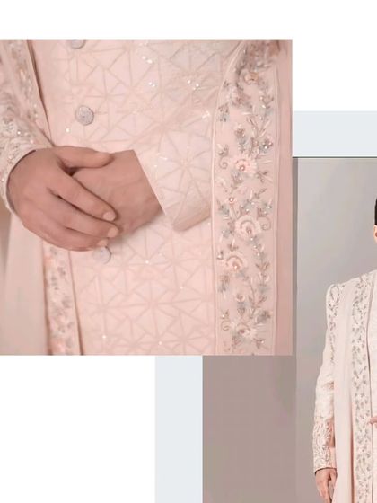 A collage showing the fine details of our pastel pink sherwani. The delicate floral embroidery and geometric patterns create a sophisticated and modern look.