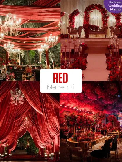 A mood board for a 'Red' themed Mehendi, inspired by Taylor Swift. This concept uses rich red drapes, chandeliers, and florals for a dramatic and passionate celebration.