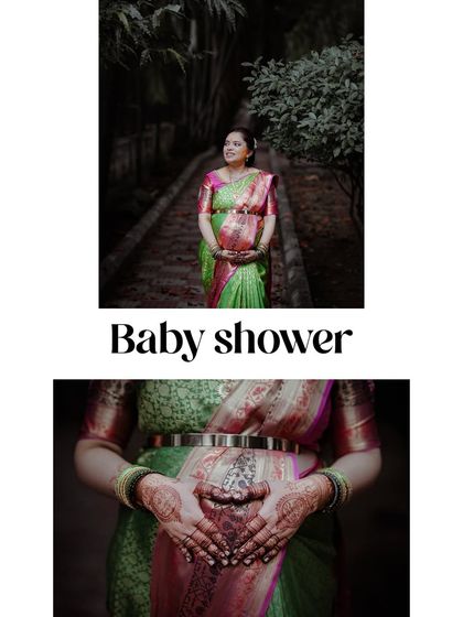 A diptych showing a portrait of the mother-to-be at her baby shower and a close-up of her hands, adorned with henna, cradling her baby bump. This highlights the beauty and tradition of the event.