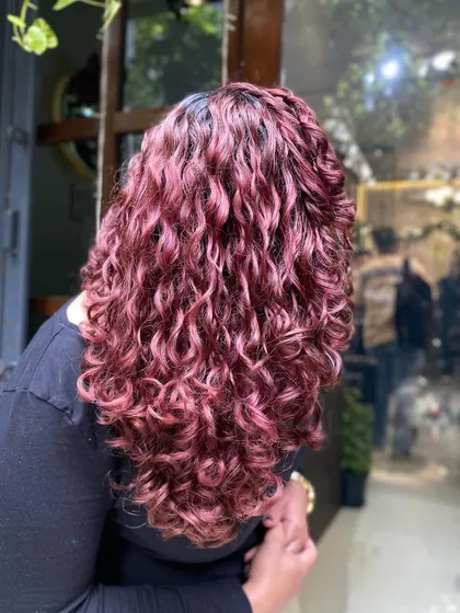 A collection of my other no-bleach balayage and color work, showcasing a variety of tones from subtle browns to vibrant reds on different curl types.