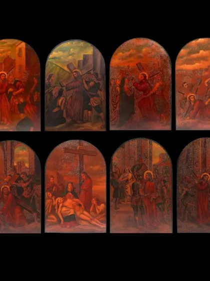 Another composite view of the full set of eight paintings. It serves as a comprehensive look at this significant collection of Christian heritage art.