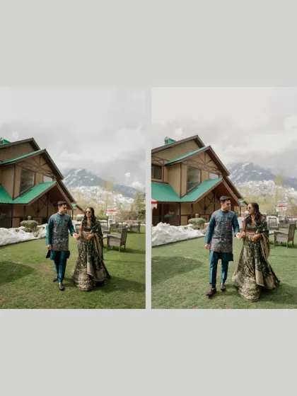 A diptych of the couple walking through the beautiful, snow-lined gardens during their destination Mehendi ceremony.