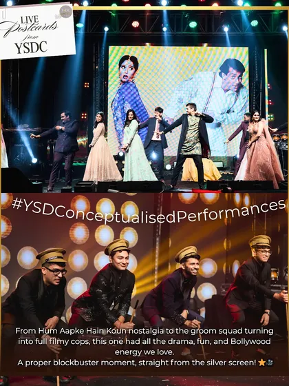 This graphic showcases our conceptualized performances. From the groom's squad as filmy cops to recreating 'Hum Aapke Hain Koun' nostalgia, we bring all the drama, fun, and Bollywood energy to the stage.